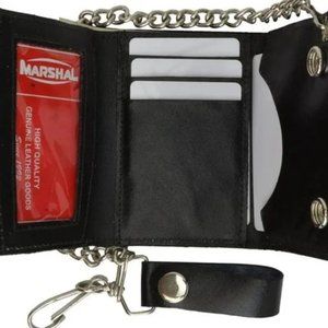 Black Genuine Leather Trifold Biker's Wallet With Chain - ID Card Holder 946-22 (Marshal)
